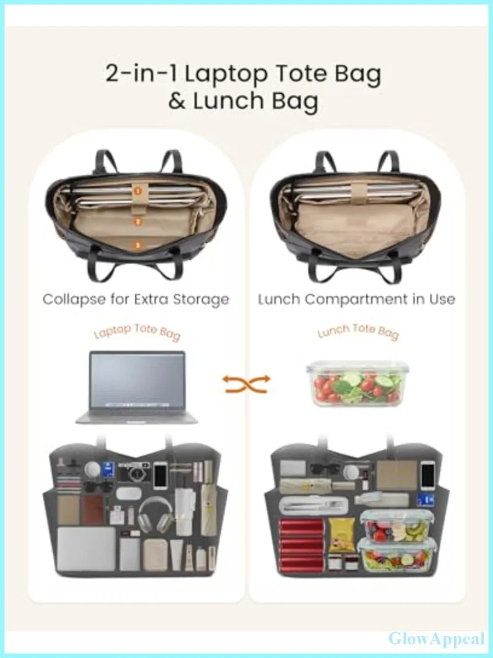 2-in-1 PU Work Tote Bag with Insulated Lunch Compartment for Laptop